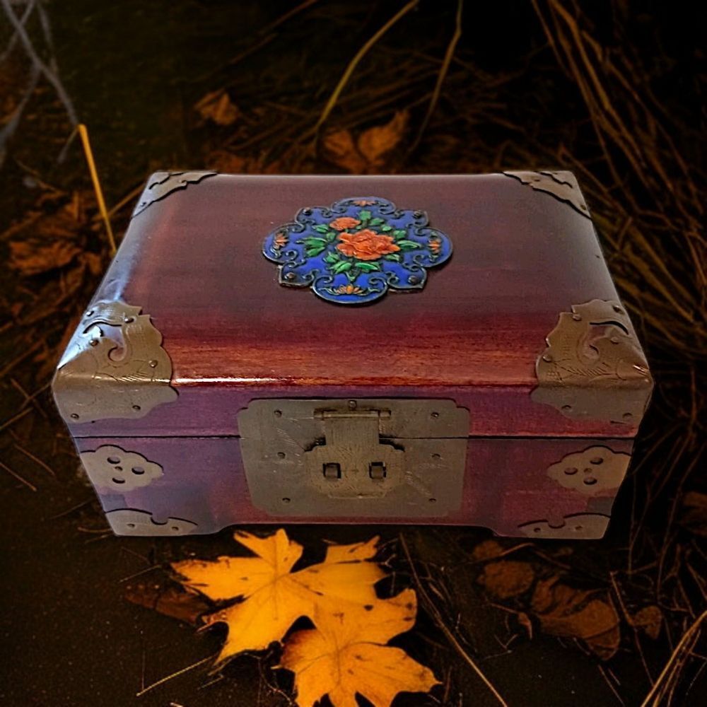 Vtg Cherry Wood Cloisonné Jewelry Box Brass Bound Asian Floral Keepsake Chest